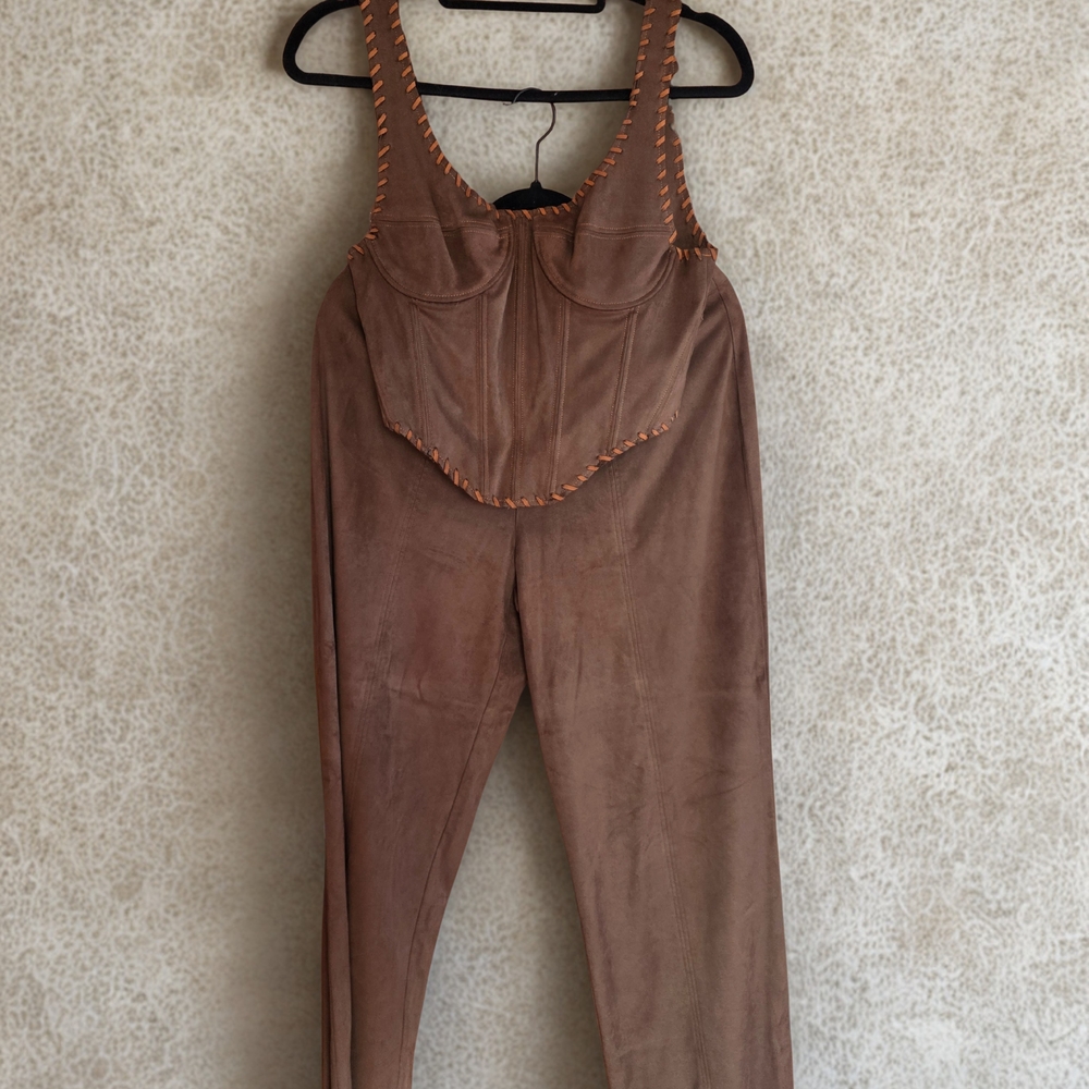 Meshki Tan Jumpsuit with Stitch Detail